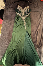 Green Satin Beaded Sequin V-Neck Spaghetti St...