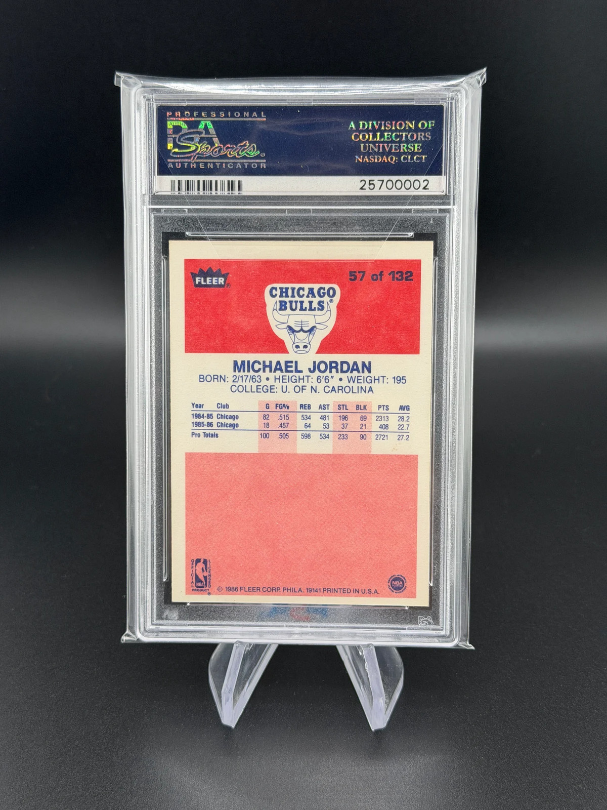 Michael Jordan 1986 Fleer #57 Rookie RC PSA 6 Bulls HOF view 2