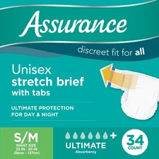 Assurance Unisex Stretch Briefs with Tabs, S/M, 34 Count