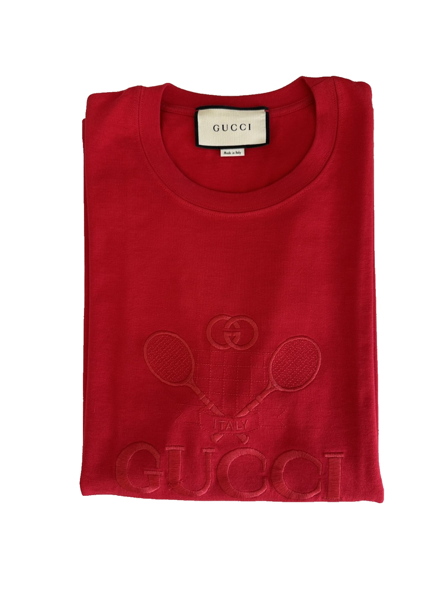 GUCCI レッドTシャツ Gucci Tennis Logo Embroidered Red Cotton Oversized T-Shirt Size S