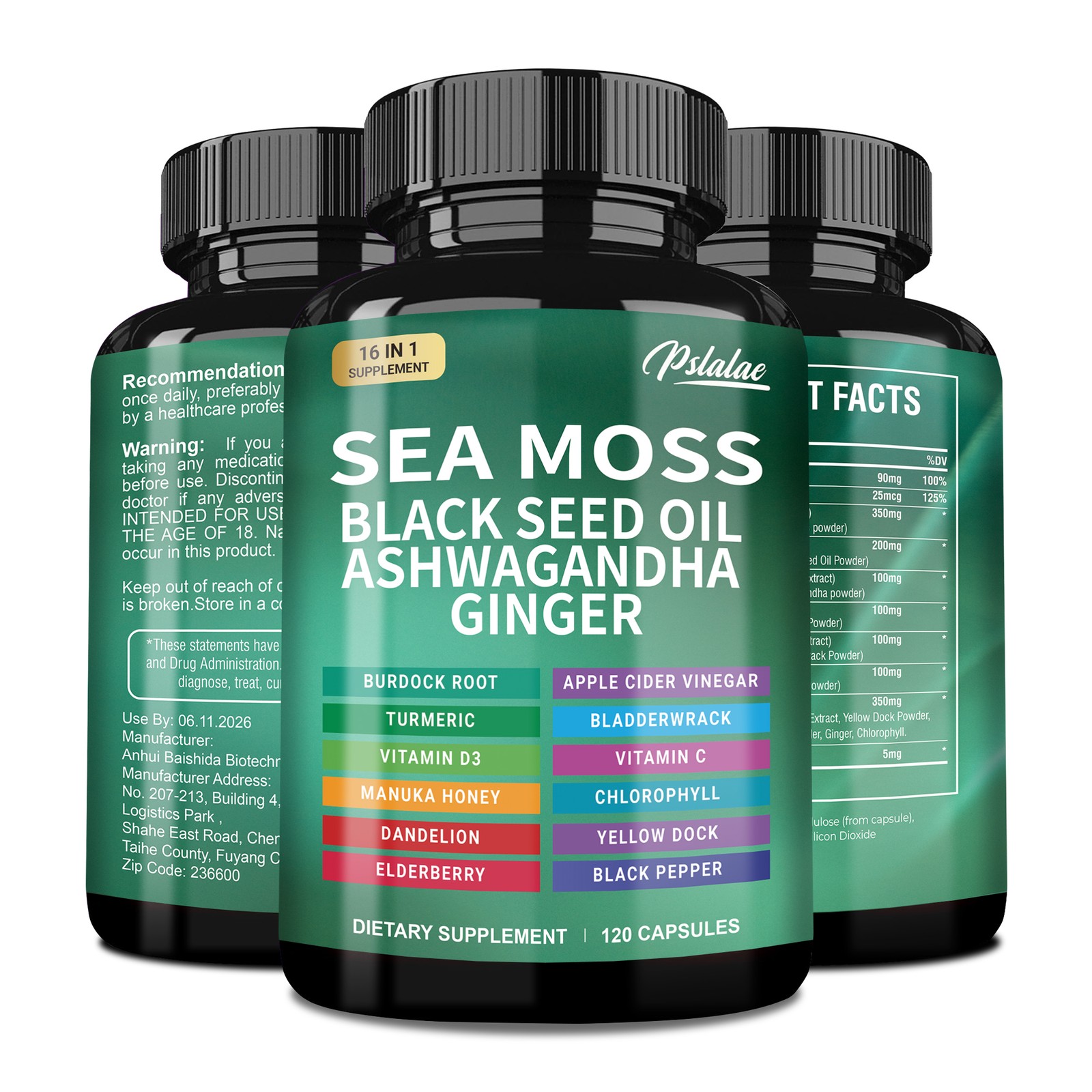 Sea Moss - Black Seed Oil, Ashwagandha,Turmeric, Bladderwrack,Burdock,Dandelion 