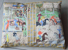 VTG Persian Miniature Tapestry Throw Pillow Shahnama Polo Match&Wrestling 15x13"
