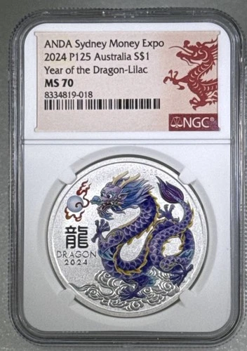 2024 Australia Lunar Dragon 1 oz Silver Colorized LILAC Coin NGC MS70