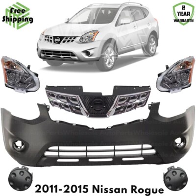 Front Bumper Cover Fascia & Headlight Assembly Kit For 2011-2015 Nissan Rogue