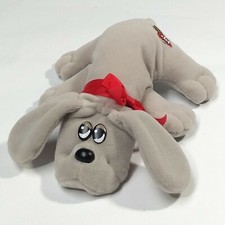 Tonka Pound Puppy Vintage 1985 Stuffed Plush Dog Toy Grey Red Bow 8-9" Long