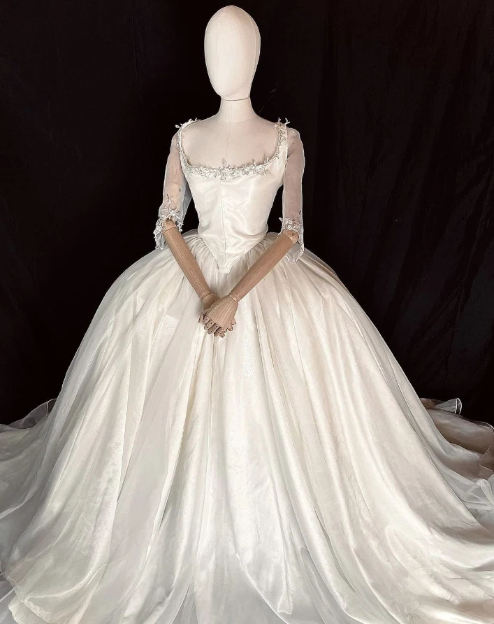 Vintage Satin Wedding Dresses Elegant 1950s Long Sleeves 60s Bridal Ball Gowns - Image 4 of 4