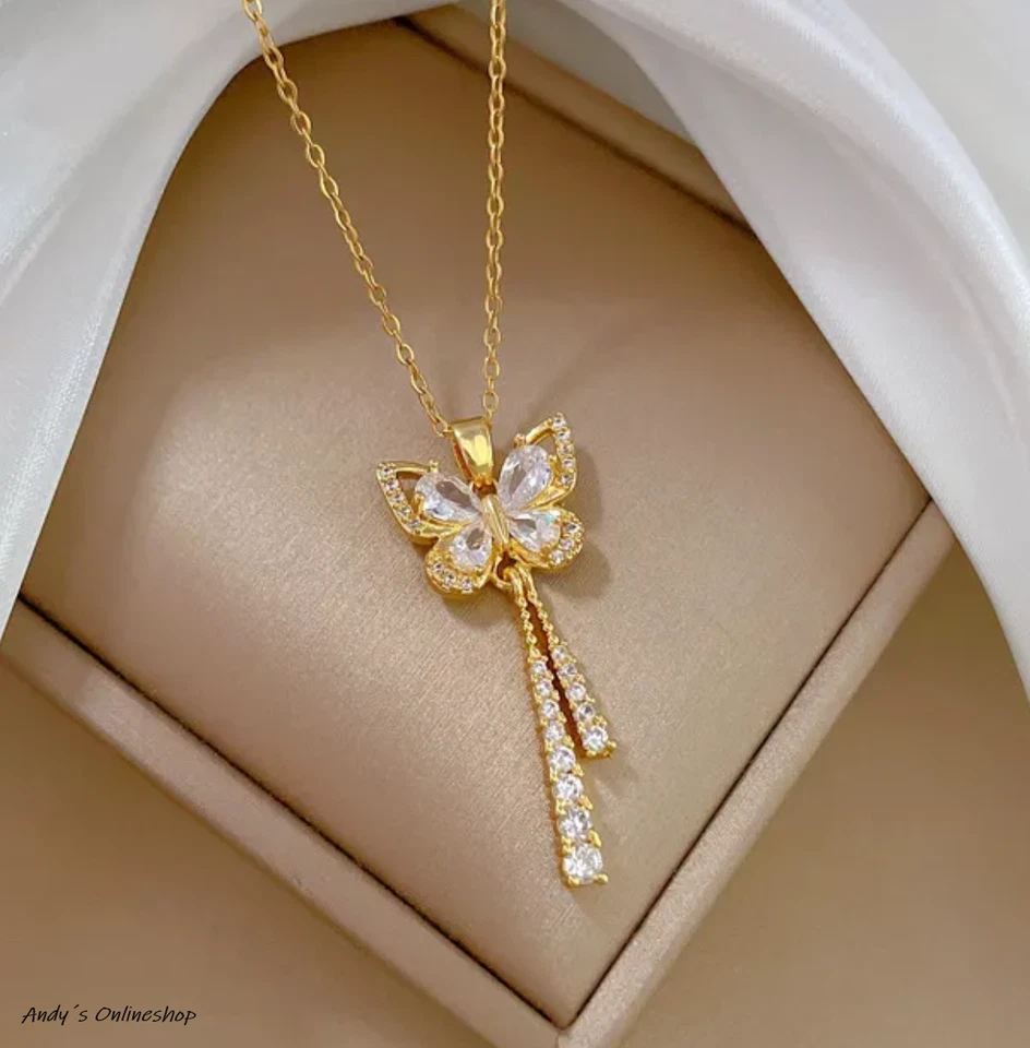 Damen Halskette Schmetterling Zirkon Anhänger Frauen Schmuck Kette 925 Gold Frau - Bild 4 von 4