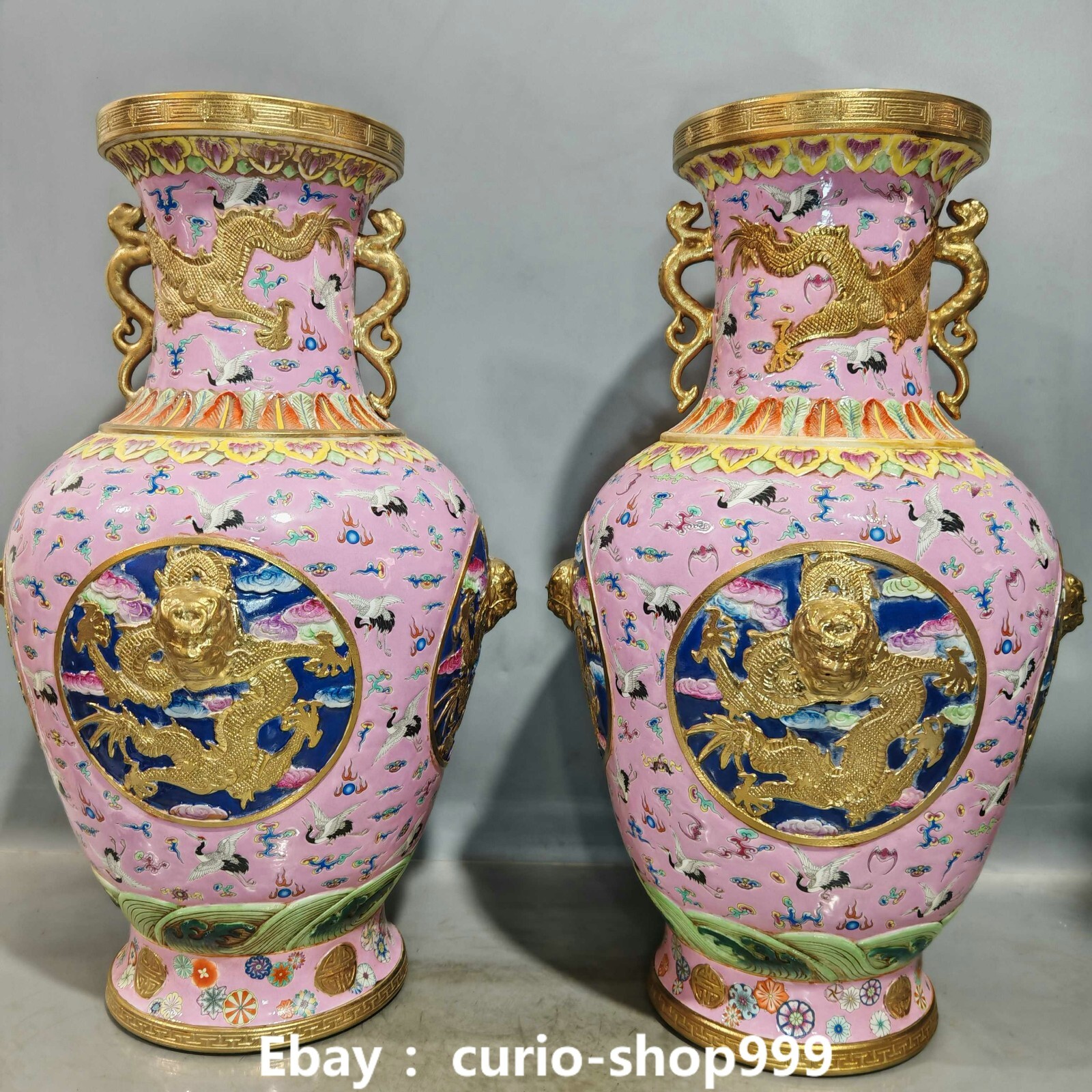 20.8 Inch Qianlong Famille Rose Porcelain Gold Dragon Grand Animal Bottle Vase Pair, Antique Chinese Decor