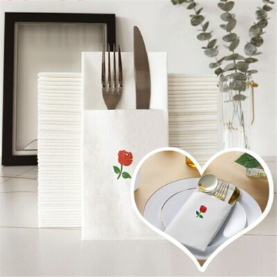 White Rose Pocket Napkins 100Pcs Disposable Built Flatware Dinner Napkin Party