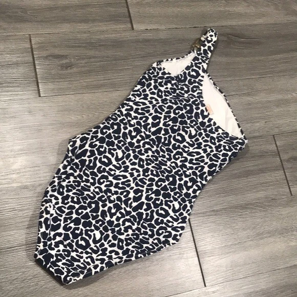 Tory Burch Navy Blue Leopard Print One Shoulder One Piece Swimsuit size XS - Image 4 of 4