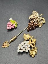 3 Grape Shaped Brooches/Pins Not Marked