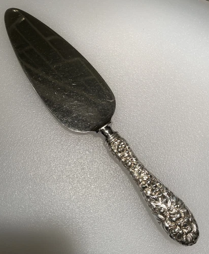 Vintage Stieff Rose Repousse Sterling Silver Handled Cake Server 10"