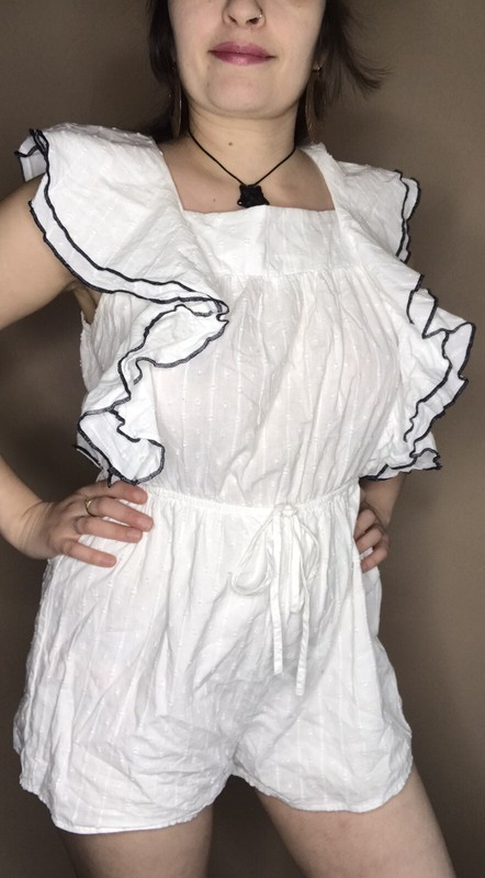 Shein S White 100% Cotton Ruffles Boho Loose Overalls Jumpsuit Romper