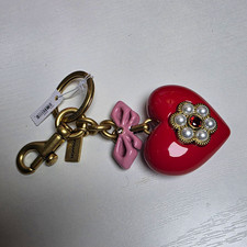 Coach Women's Heart & Bow Key Chain Metal Keyring, Red Pink Gold Tone Logo