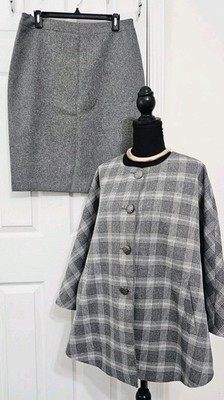 John Meyer Collection Gray Plaid 2-Piece Skirt Suit Cape Coat Women's Sz 10