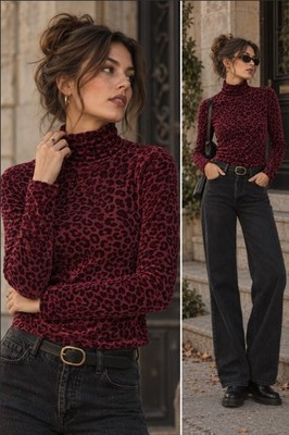 Forever 21 Maroon Velvet Burnout Cheetah Print Turtleneck Dark Romantic Top M
