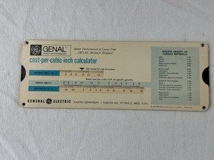 GE cost-per-cubic-inch calculator of material, card stock sliderule, 1970