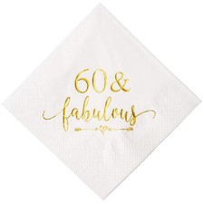 3-Ply 60 and Fabulous Cocktail Napkins Gold for Women 60th Birthday Decoratio...
