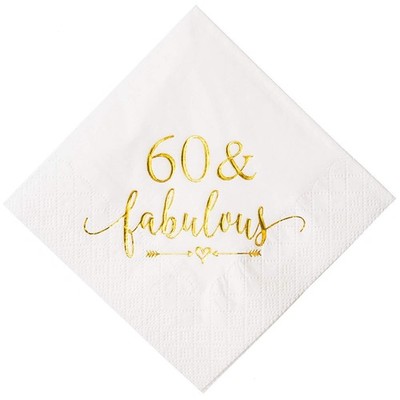 3-Ply 60 and Fabulous Cocktail Napkins Gold for Women 60th Birthday Decoratio...
