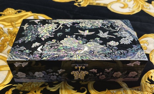 Large Mother of Pearl Bird and Tree Jewelry Box Vintage Korean Jewelry Organizer