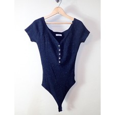Active USA Black Ribbed Bodysuit 3/4 Button Front Large T-Shirt