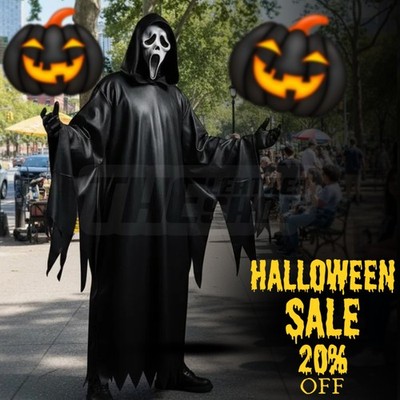 Schwarzes Leder Scream Robe Kostüm Gothic Kapuze Geister Gewand / Halloween Geschenk Neu