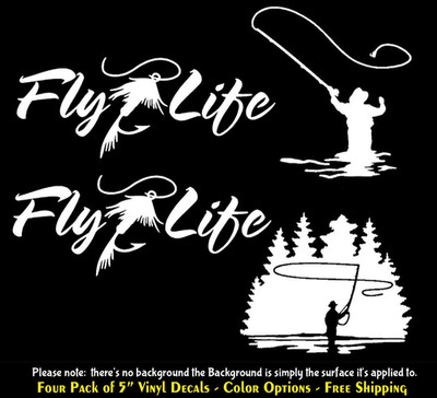 Fly Fishing Four Pack of 5'' Vinyl Decals Car Truck Windows - Any Flat Surface