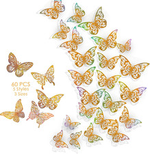 3D Butterfly Wall Decor, 60 Pcs 5 Styles 3 Sizes Genuine Glittering Sequin Desig