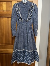 Vintage Prairie Calico Dress Blue Floral High Neck 70s 80s Ruffle Western Sm/med
