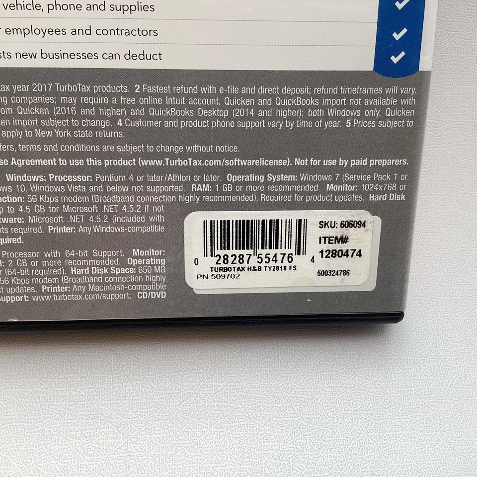 Turbotax Home & Business TY2018 H&B Federal State E-File CD SKU#6094 Foto 3 de 4