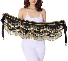 Lauthen.S 248 Gold Coins Belly Dance Hip Scarf One Size, Black gold Coins