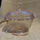 Vintage Indiana Depression Glass Pink Ribbed Lid Pedestal Candy Dish w/Lace Edge