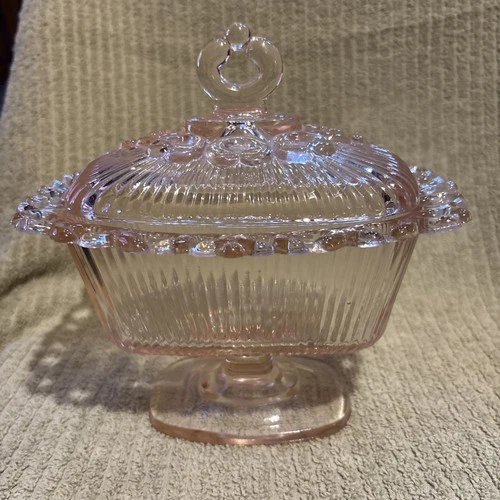Vintage Indiana Depression Glass Pink Ribbed Lid Pedestal Candy Dish w/Lace Edge