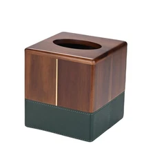 Acacia Wood Tissue Box Cover with Leather Wooden Facial Tissue Holder Square,