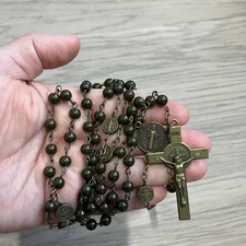St Benedict Medal Rosary Bronze Beads with Pouch Rosario de San Benito
