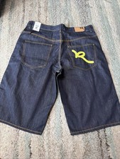 New Vtg Rocawear Baggy Embroidered Pirate R Denim Jean Shorts Dark Blue Size 40