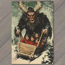 POSTCARD Krampus Sledding Kids Winter Christmas Horror Retro Holiday Creepy