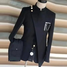 Men Italian Style Suits with Stand Collar 2 Piece Business Jacket with Pants