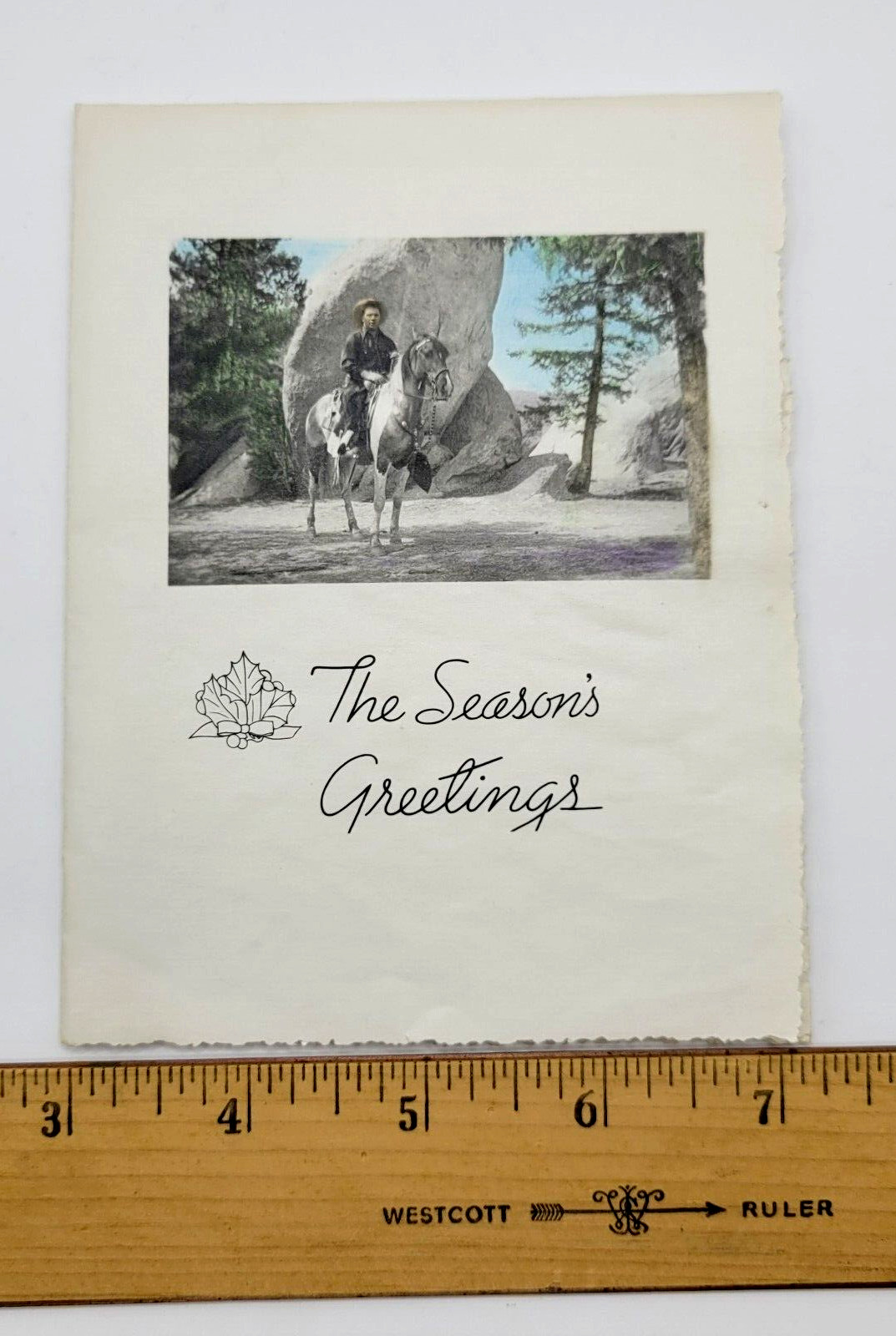 Cowboy and Horse Color Portrait The Seasons Greetings 1950s Christmas Card