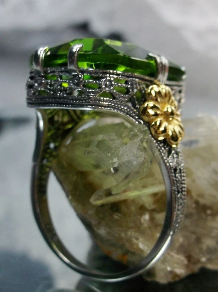 Peridot Ring Vintage Sterling Silver Gold Accent Large Emerald Cut Jewelry Gift - Image 3 of 4