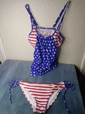 Stars And Stripes Women's Piece Swim Suit Set Sz Large New