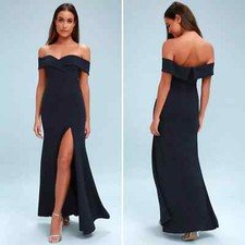 LULUS Song of Love Navy Blue Off The Shoulder Leg Slit Maxi Dress size XS