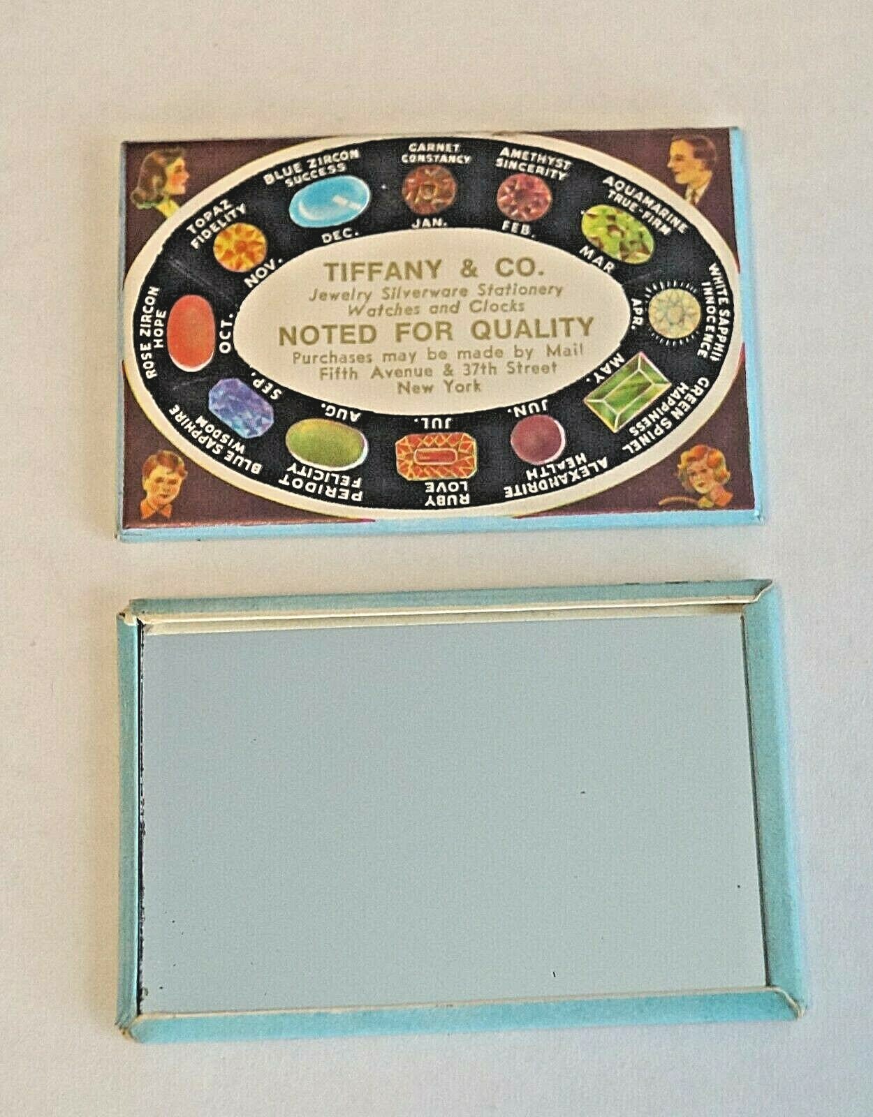 Vintage Tiffany & Co Blue Enamel Zodiac Gemstone Vanity / Purse Mirror 2