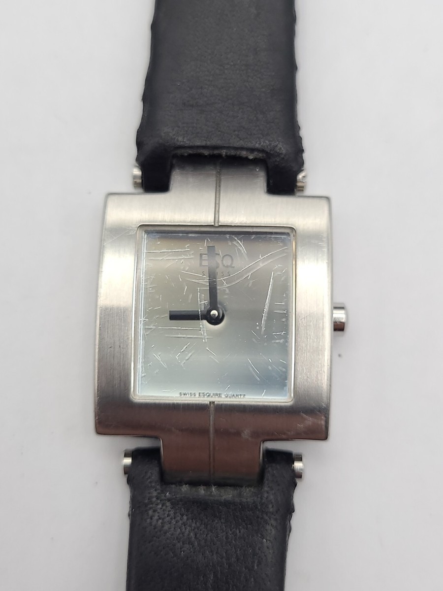 Vintage ESQ Womens Silver Tone 18mm Black Tank Watch 6.5\