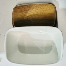 Large Porcelain Butter Keeper Deep Dish Wooden Lid Storage Container White Dowan