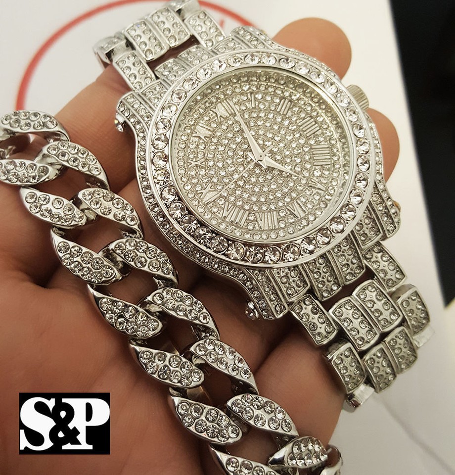 MEN HIP HOP ICED RAPPER CZ WATCH & STAINLESS STEEL RING & BRACELET ...