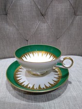 Wallendorf 1764 zielono-złota filiżanka do herbaty i spodek złota relief ręcznie robiona rzadka