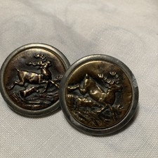 Antique vintage pair French Hunting Stag Buttons embossed brass 33mm