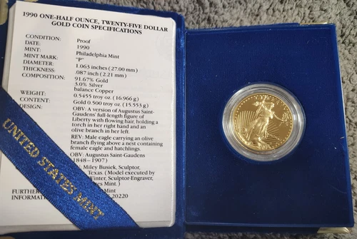 1990-P ½ oz American Gold Eagle Proof Coin Pristine Condition, Original Holder