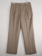 Chaps Mens 100% Wool Dress Pants Mens Brown Pleated Cuffed Trousers 34x32